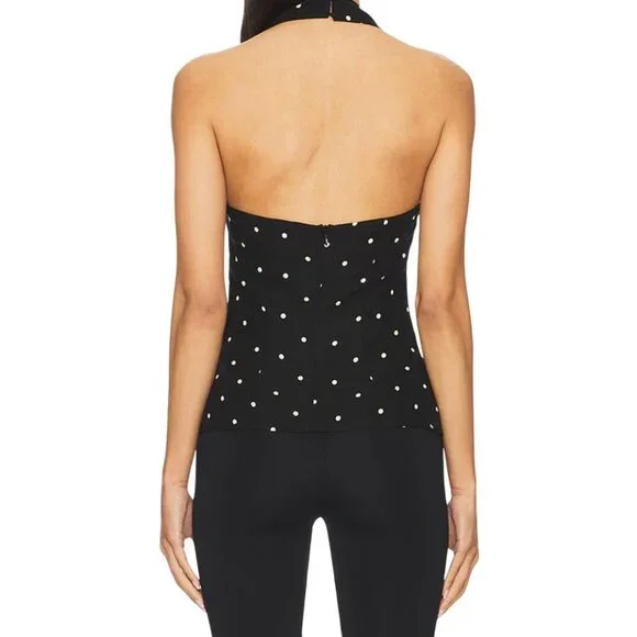 LPA Romi Halter Top Revolve Black Cream Polka Dot Knot Front Backless Peplum NWT - Picture 4 of 9